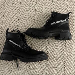 Karl Lagerfeld Paris Men’s logo leather combat boots